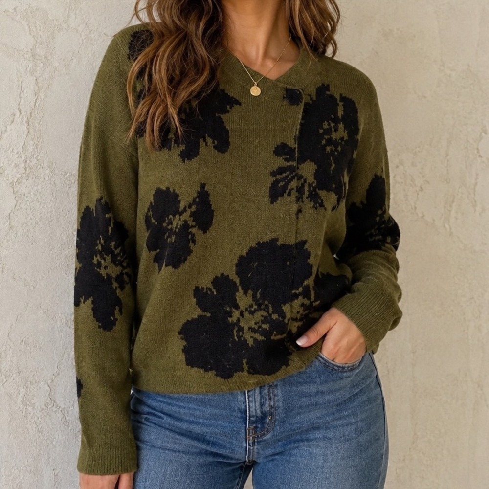 New‎ Directions PS Olive Black Floral Asymmetrical Cardigan Whimsigoth Cottage